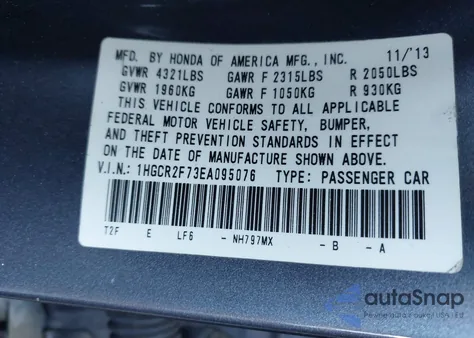 2014 Honda Accord Ex z USA, uszkodzony, nr VIN 1HGCR2F73EA095076